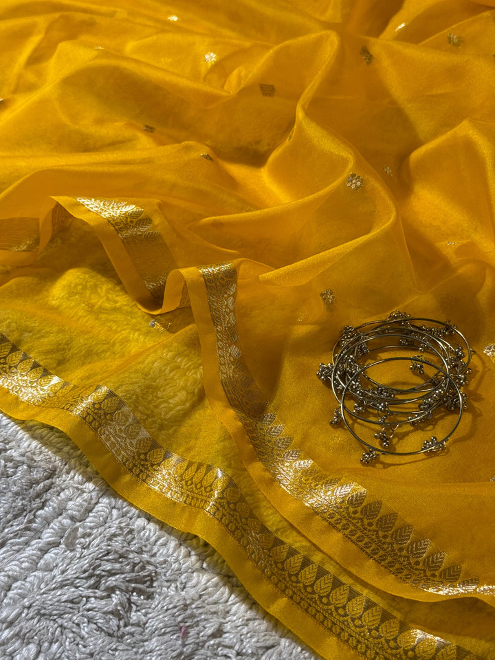 Mustard Yellow Zari Butti Silk Saree With Elegant Border