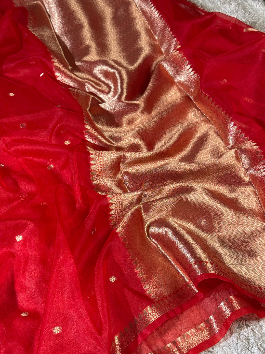 Crimson Red Zari Butti Silk Saree With Elegant Border