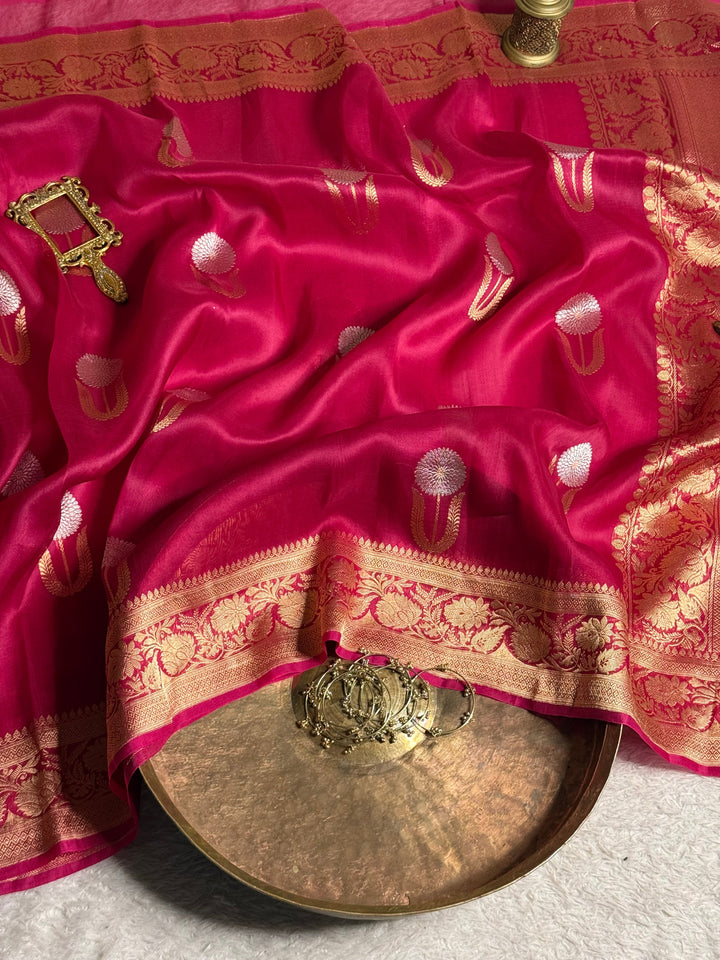 Dark Rani Shade Handloom Weave Pure Kora Silk Banarasi Saree