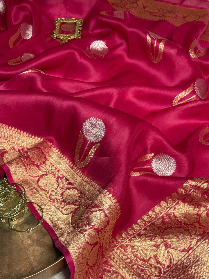 Dark Rani Shade Handloom Weave Pure Kora Silk Banarasi Saree