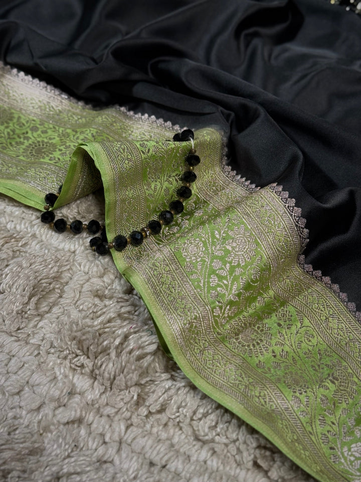 Olive Green Masru Katan Saree With Silver-Tone Floral Design