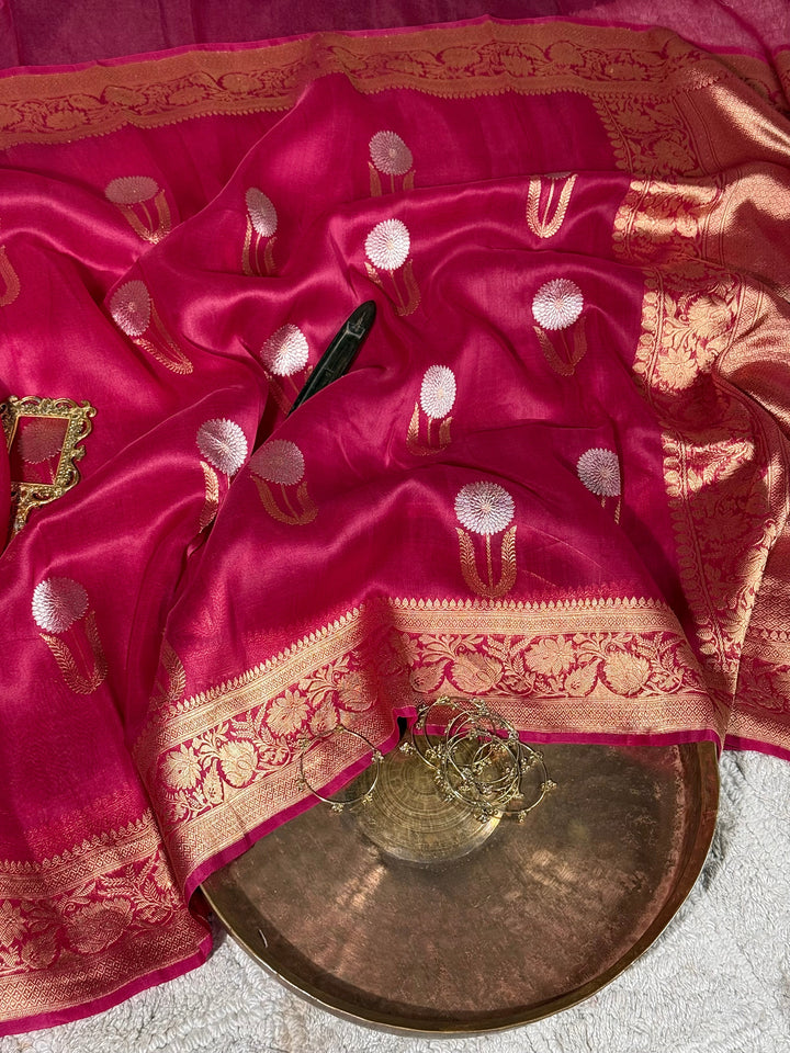 Dark Rani Shade Handloom Weave Pure Kora Silk Banarasi Saree