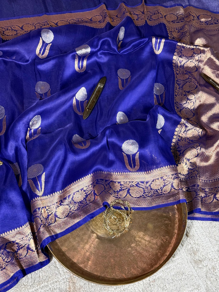 Royal Blue Pure Kora Silk Handloom Banarasi Saree