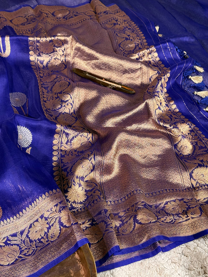 Royal Blue Pure Kora Silk Handloom Banarasi Saree