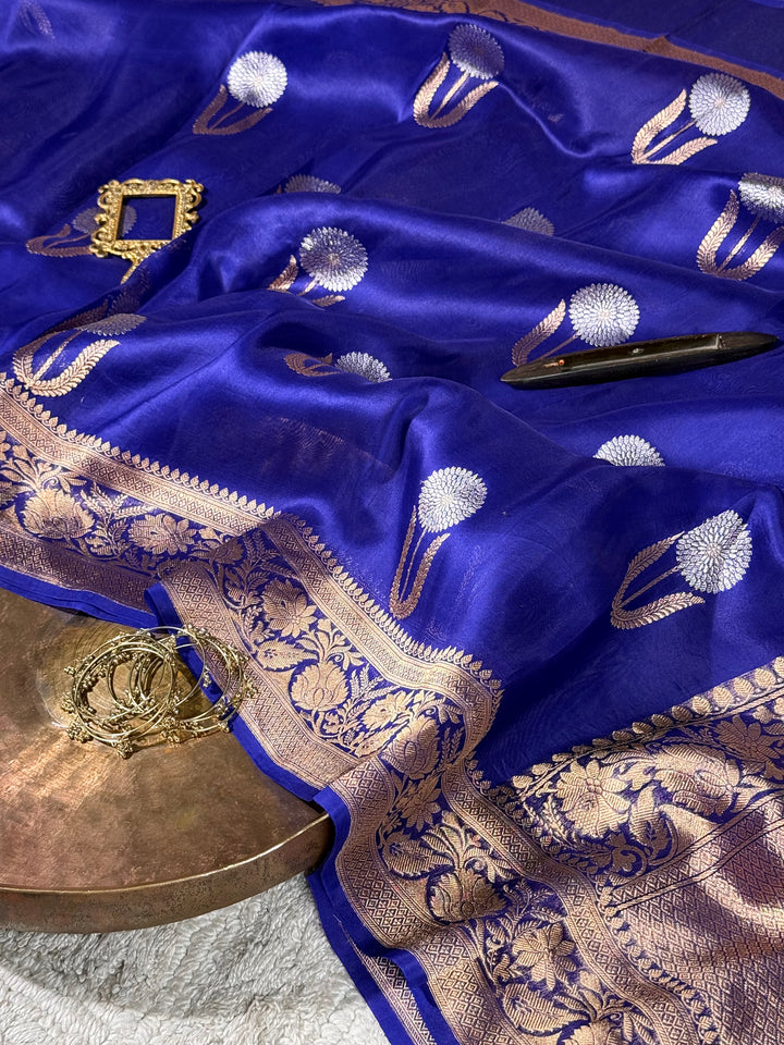 Royal Blue Pure Kora Silk Handloom Banarasi Saree