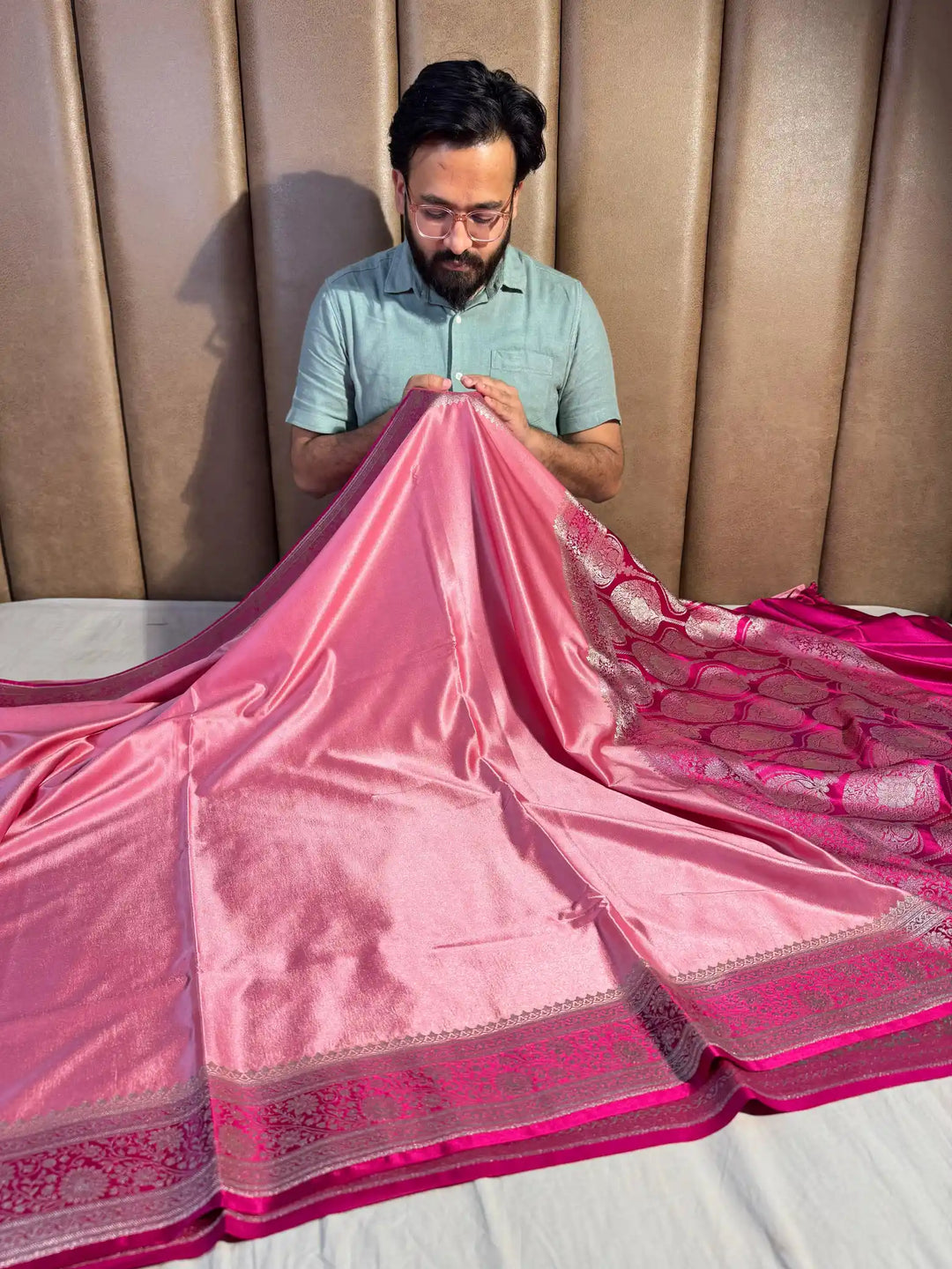 Pink Banarasi Mashru Katan Silk Saree with Rich Pallu and Blouse