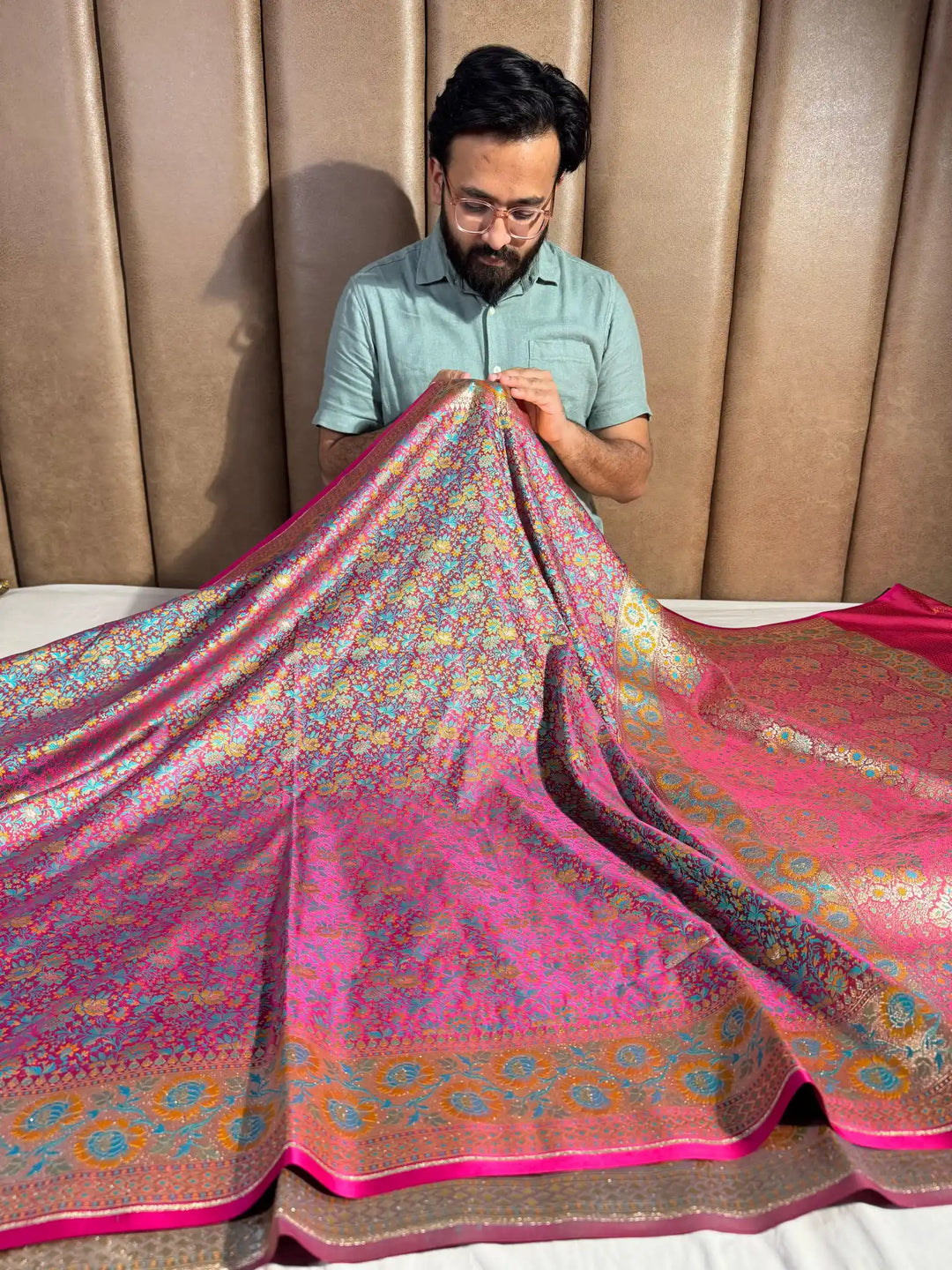 Pink Banarasi Pashmina Embossed Katan Silk Saree with Rich Pallu and Blouse
