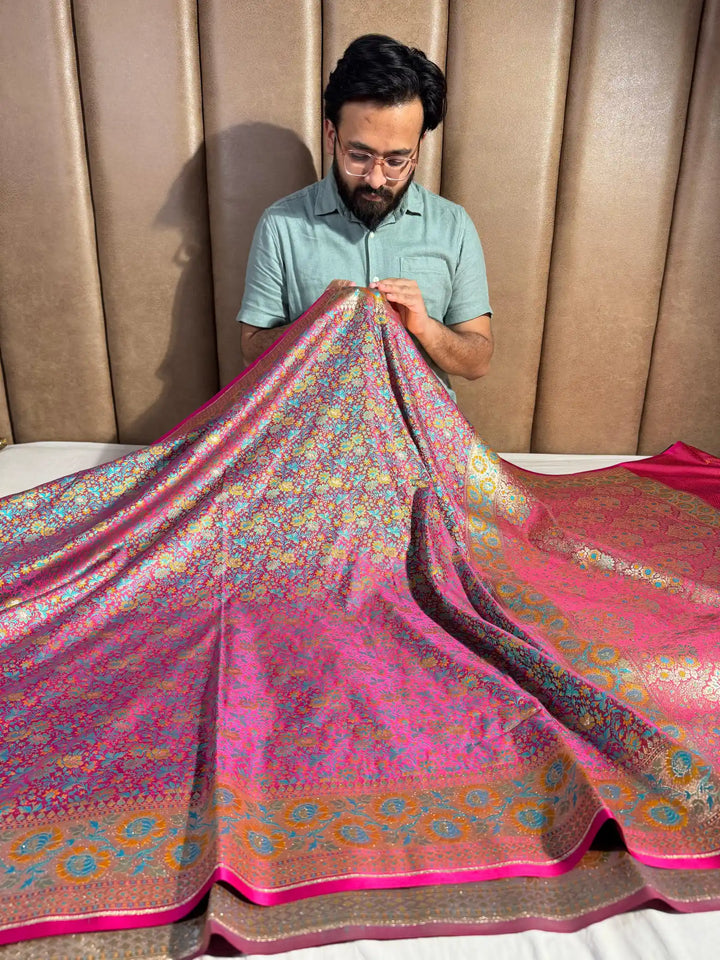 Pink Banarasi Pashmina Embossed Katan Silk Saree with Rich Pallu and Blouse