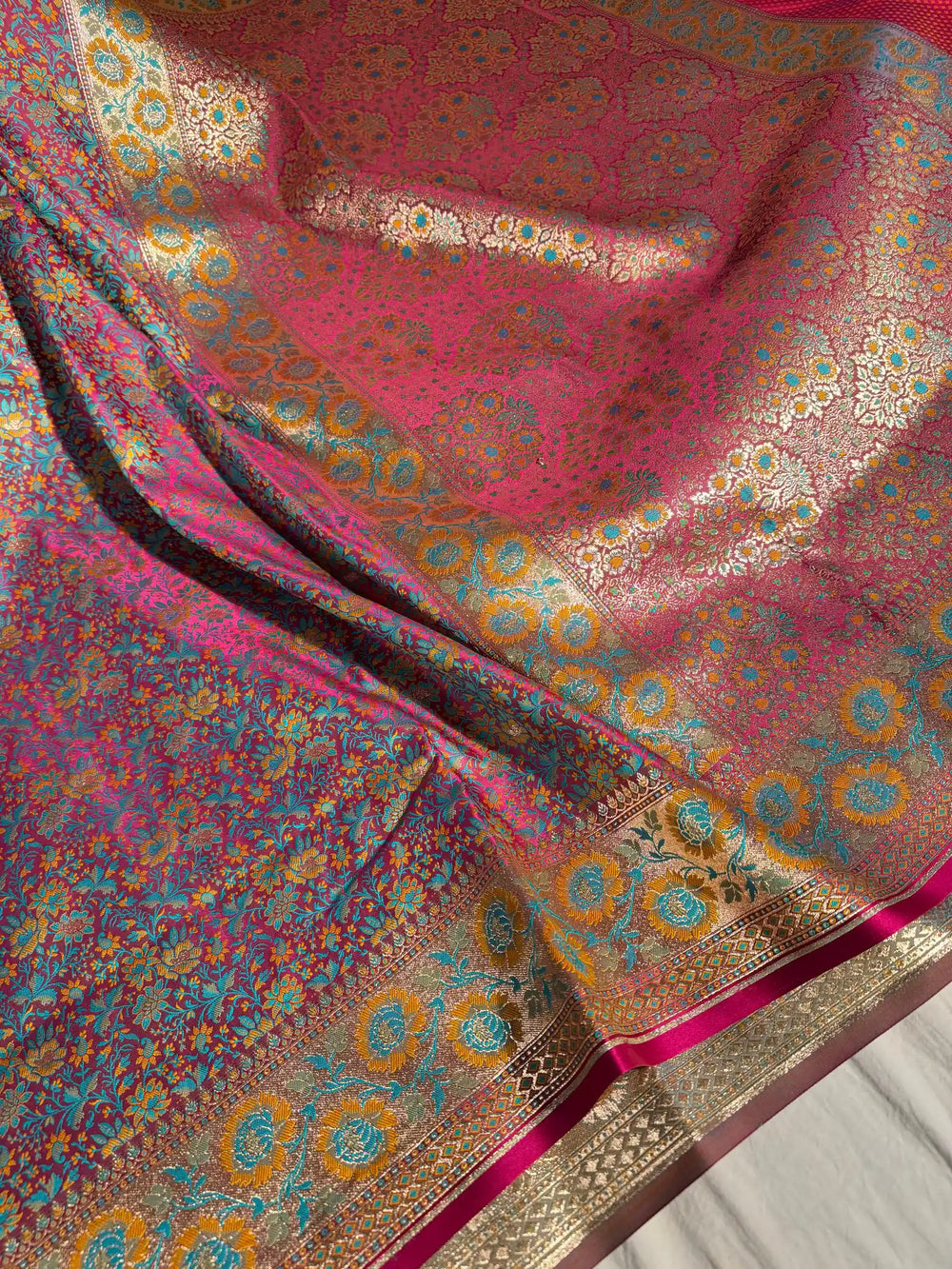 Pink Banarasi Pashmina Embossed Katan Silk Saree with Rich Pallu and Blouse