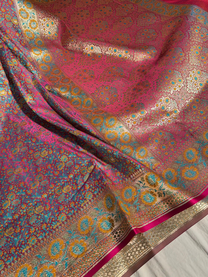 Pink Banarasi Pashmina Embossed Katan Silk Saree with Rich Pallu and Blouse