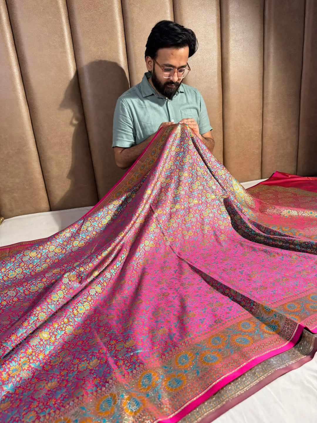 Pink Banarasi Pashmina Embossed Katan Silk Saree with Rich Pallu and Blouse