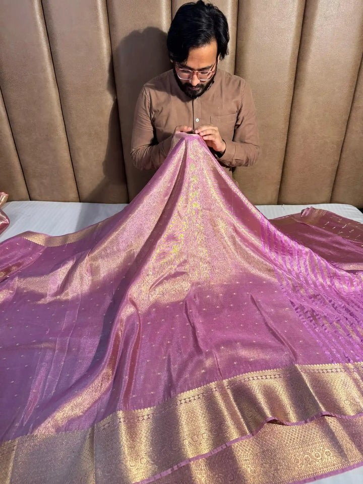Pink Breathable Katan Tissue Silk Saree with Rich Pallu and Blouse