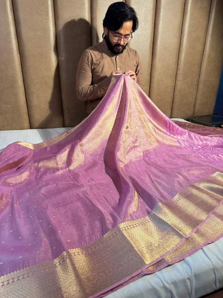 Pink Breathable Katan Tissue Silk Saree with Rich Pallu and Blouse