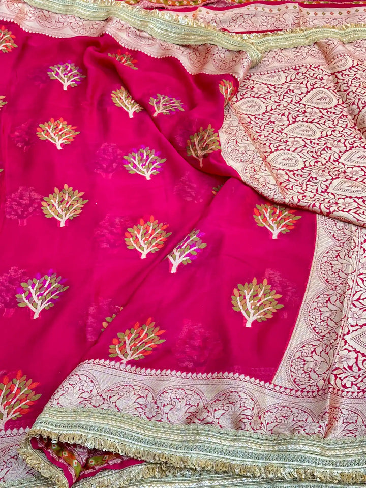 Pink Chiffon Khaddi Buta Lace Attached Banarasi Saree