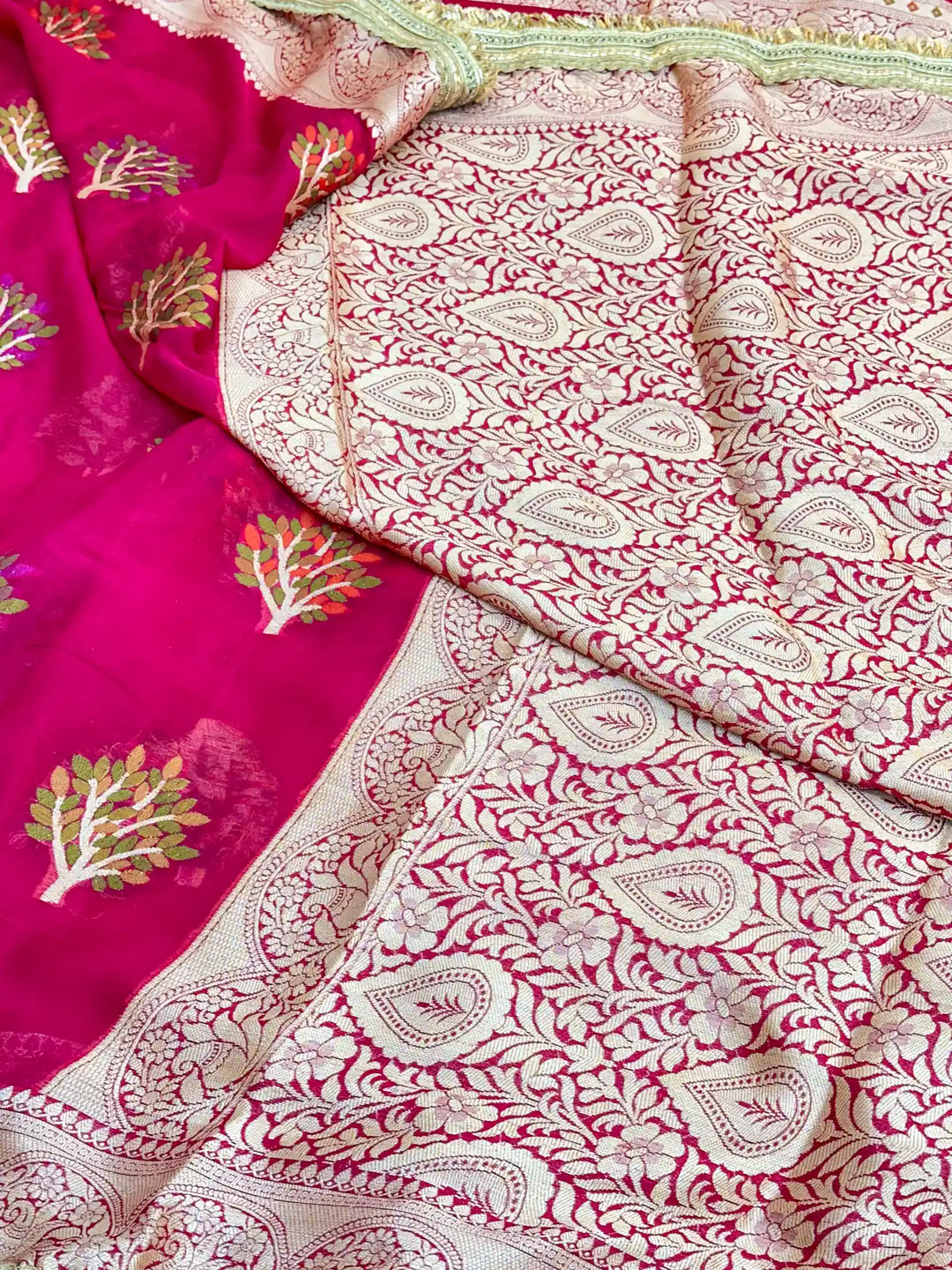 Pink Chiffon Khaddi Buta Lace Attached Banarasi Saree