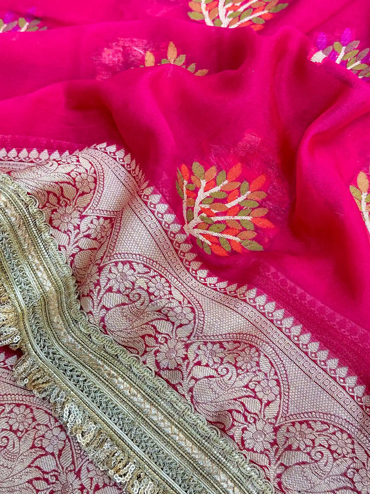 Pink Chiffon Khaddi Buta Lace Attached Banarasi Saree