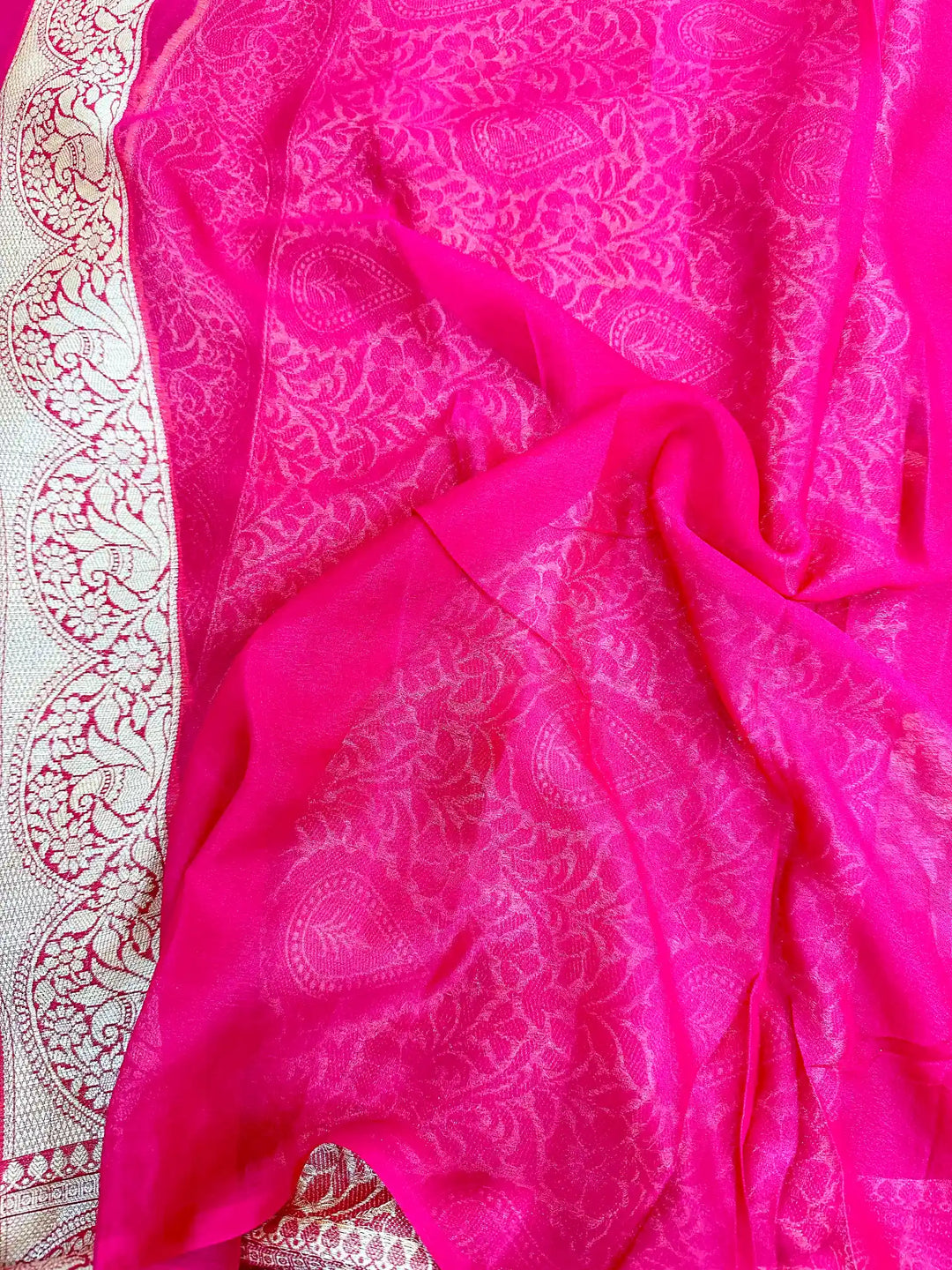 Pink Chiffon Khaddi Buta Lace Attached Banarasi Saree