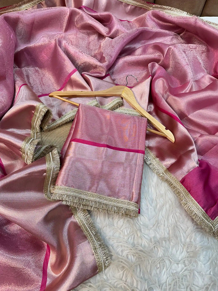 Pink Glass Tissue Silk Lace Work Banarasi Saree