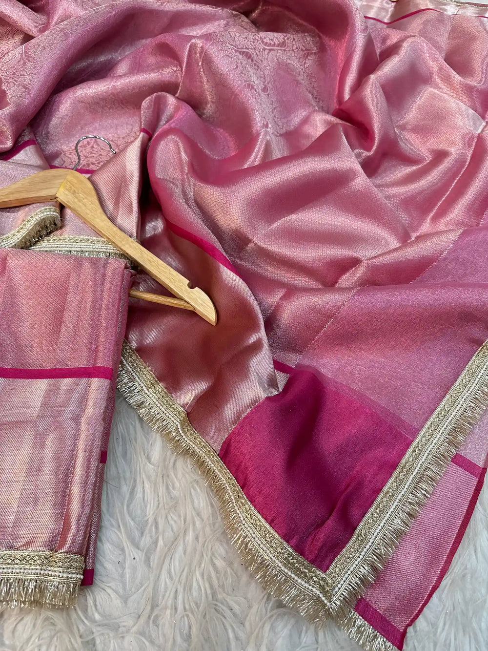 Pink Glass Tissue Silk Lace Work Banarasi Saree