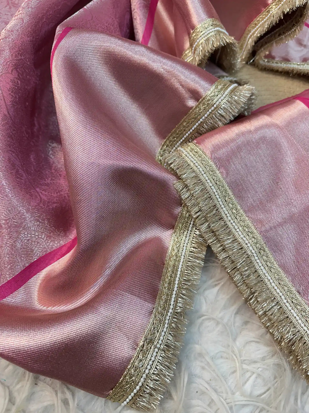 Pink Glass Tissue Silk Lace Work Banarasi Saree