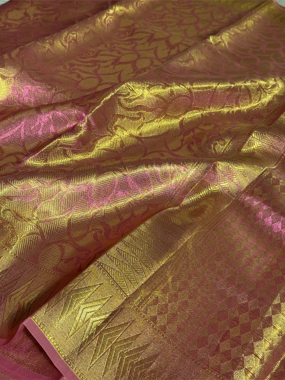 Pink Glass Tissue Silk  Zari Embossed Weave Banarasi Saree