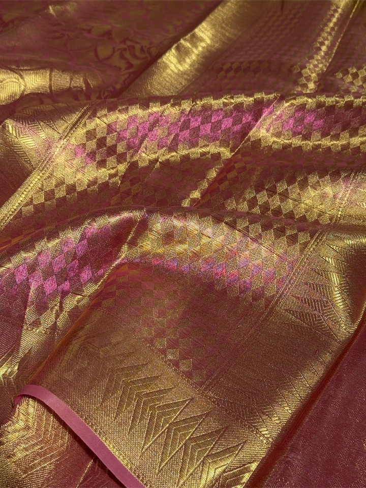 Pink Glass Tissue Silk  Zari Embossed Weave Banarasi Saree