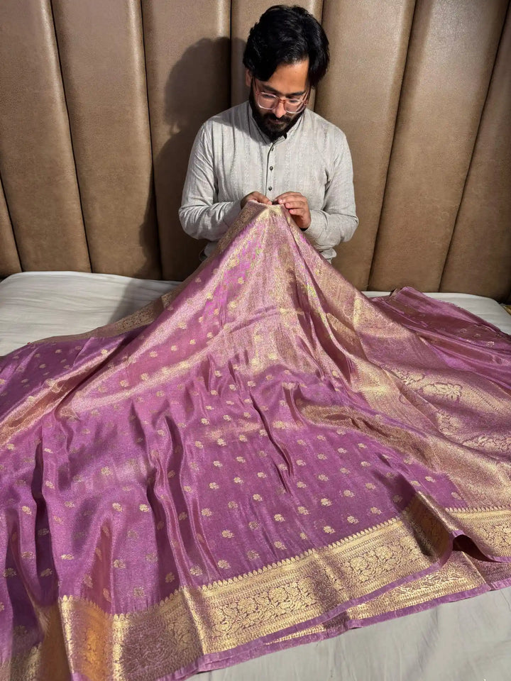 Pink Lightweight Katan Tissue Silk Saree with Rich Pallu and Blouse