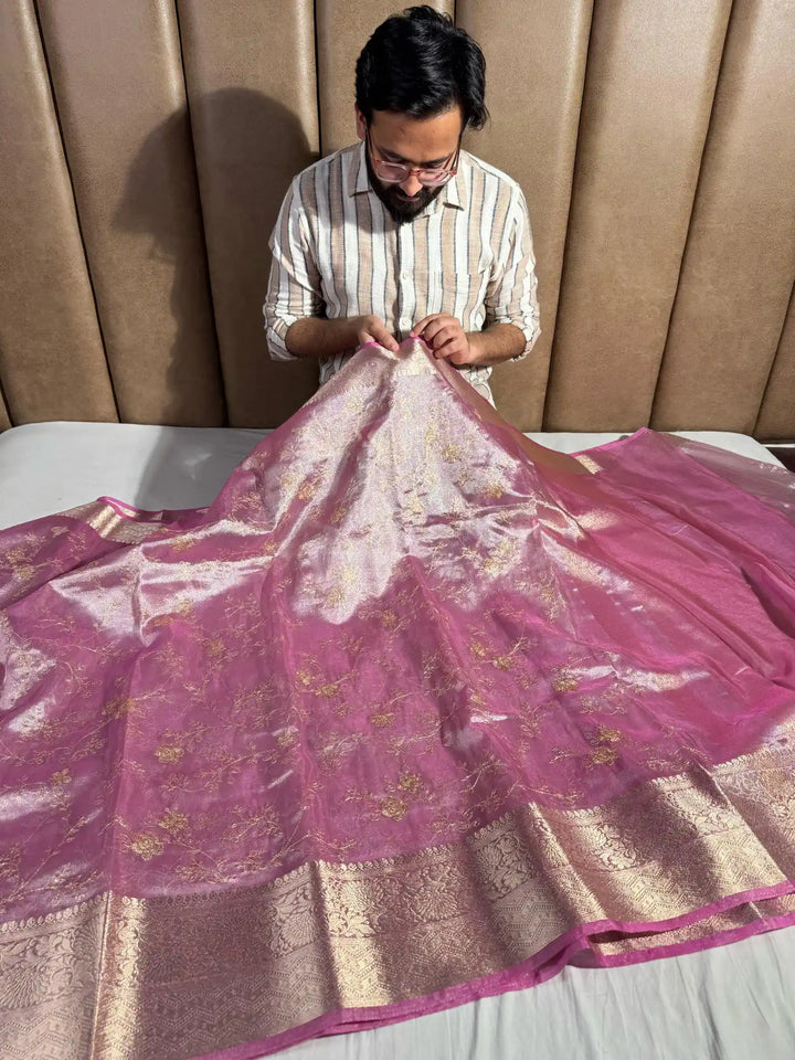 Pink Premium Zari Chikankari Tissue Silk Saree with zari pallu and blouse