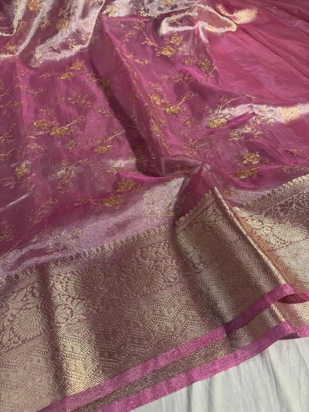 Pink Premium Zari Chikankari Tissue Silk Saree with zari pallu and blouse