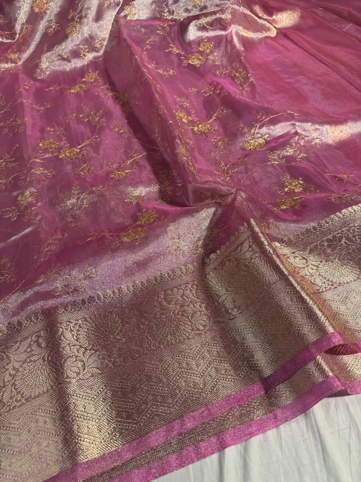 Pink Premium Zari Chikankari Tissue Silk Saree with zari pallu and blouse