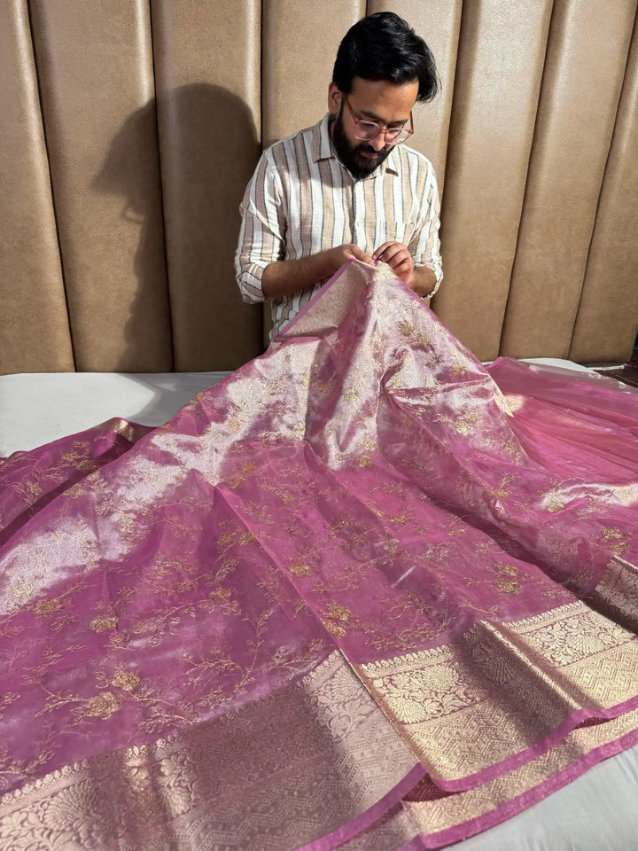 Pink Premium Zari Chikankari Tissue Silk Saree with zari pallu and blouse