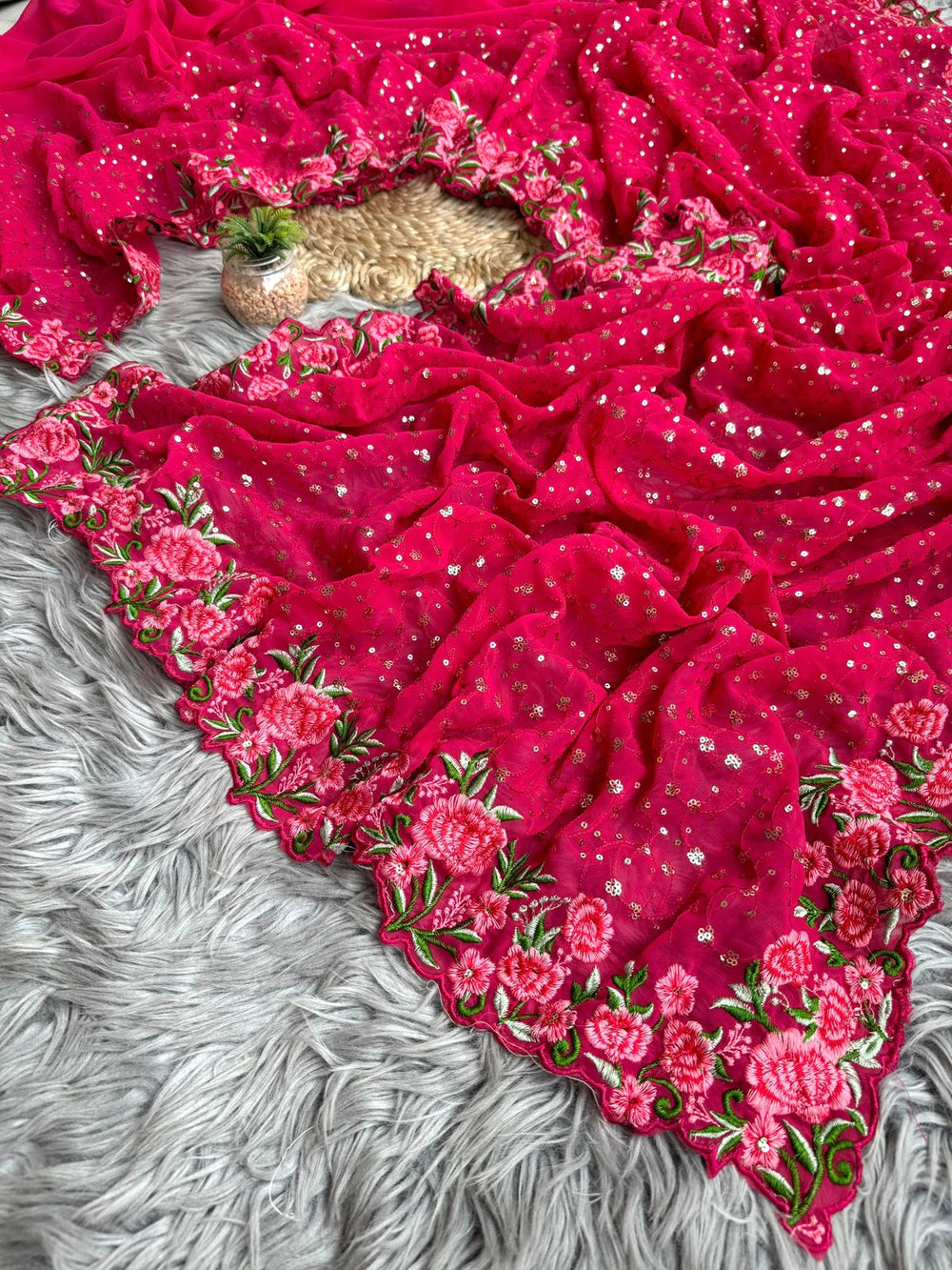 Pink Premium Georgette Saree with Sequence Work and add-on Crochet Work Saree