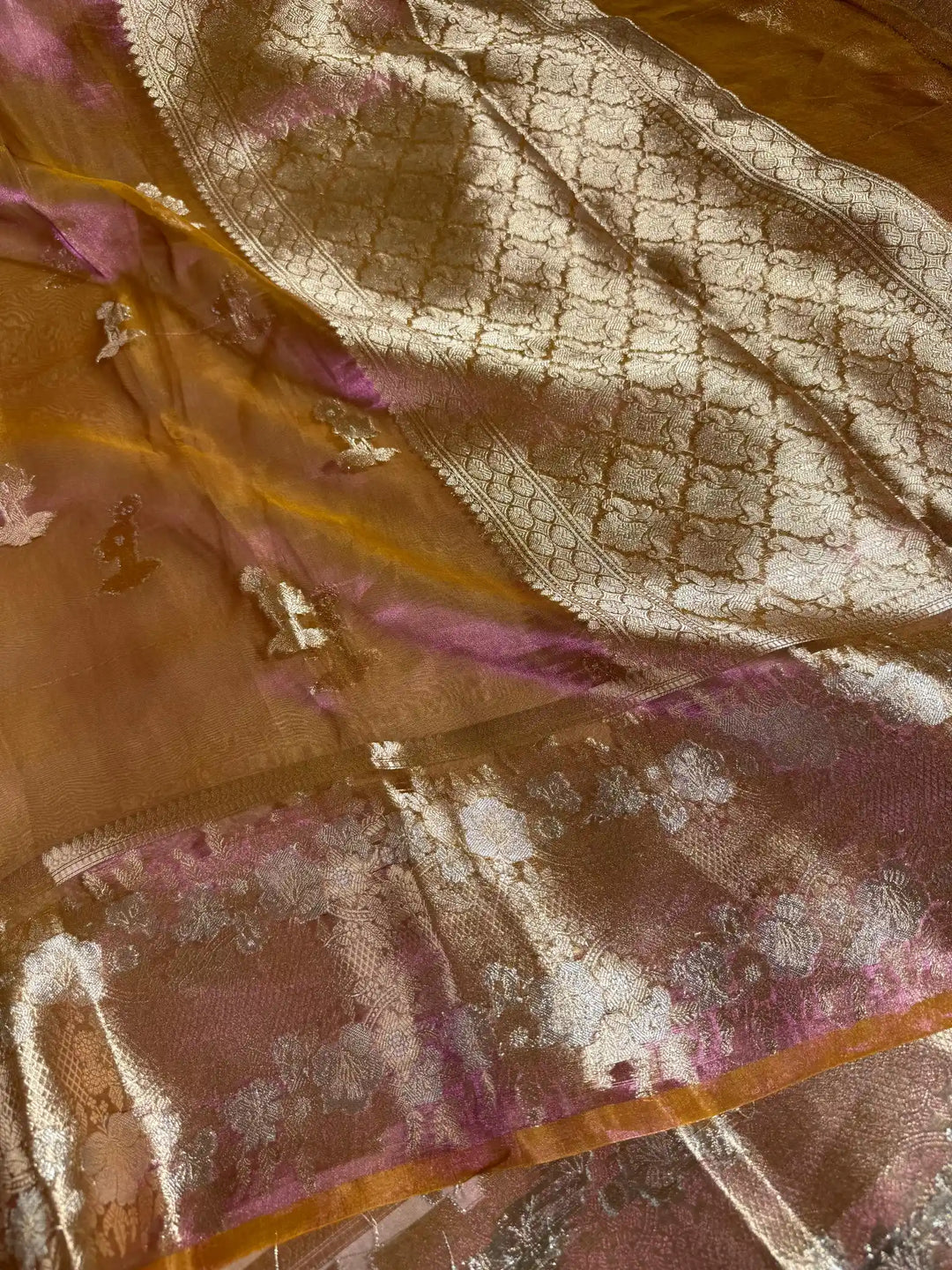 Pinkish Orange Pure Tissue Silk Heritage Banarasi Saree