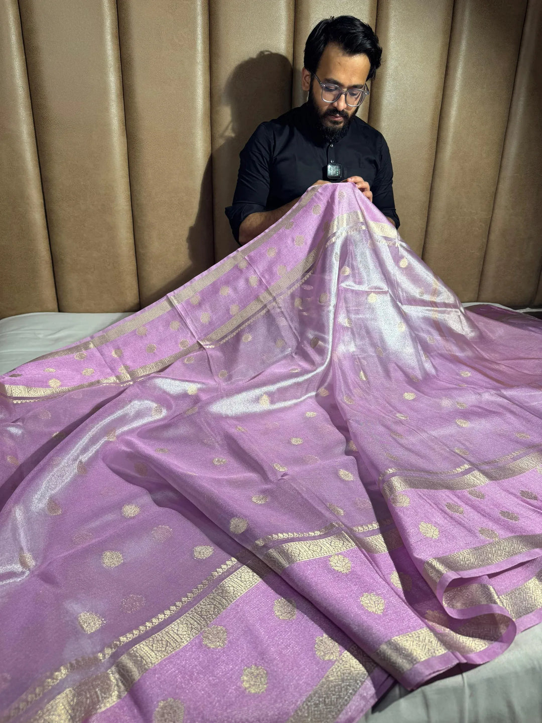 Pinkish lavender soft tissue silk Banarasi saree