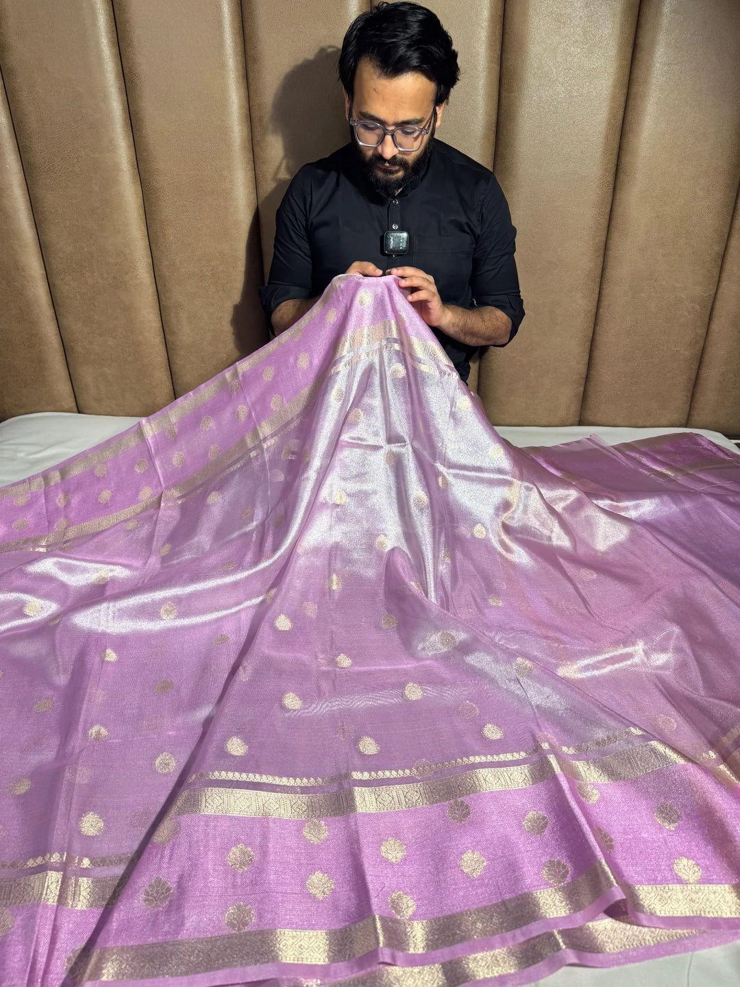 Pinkish lavender soft tissue silk Banarasi saree