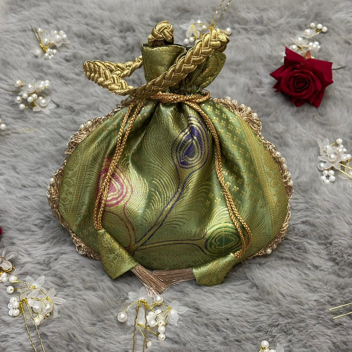 Pista Green Beautiful Lace Work Banarasi Potli Bags