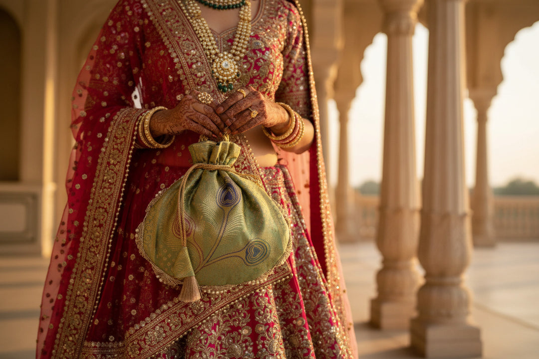 Pista Green Beautiful Lace Work Banarasi Potli Bags