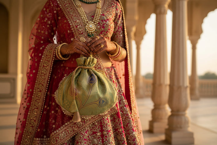 Pista Green Beautiful Lace Work Banarasi Potli Bags