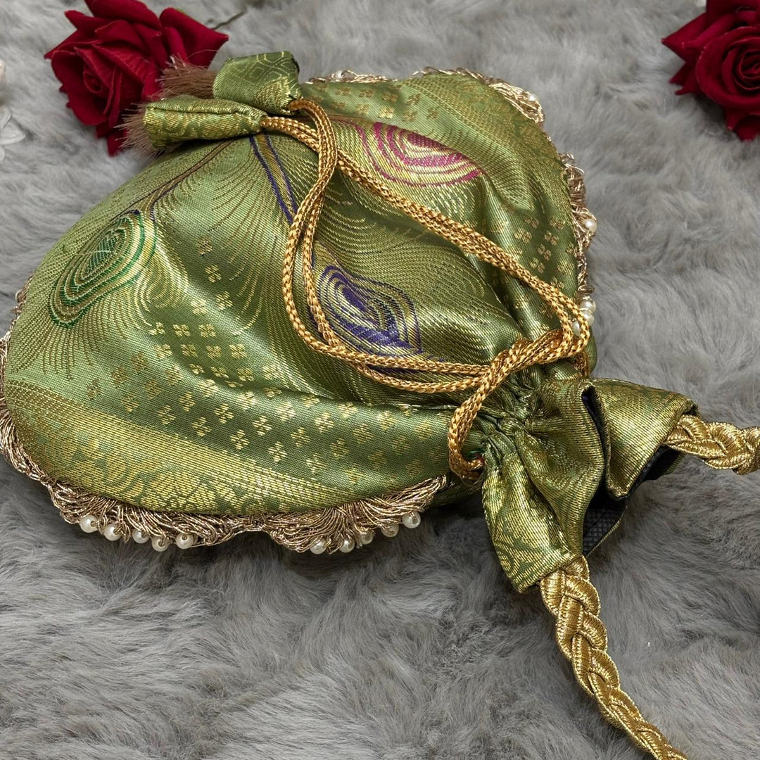 Pista Green Beautiful Lace Work Banarasi Potli Bags