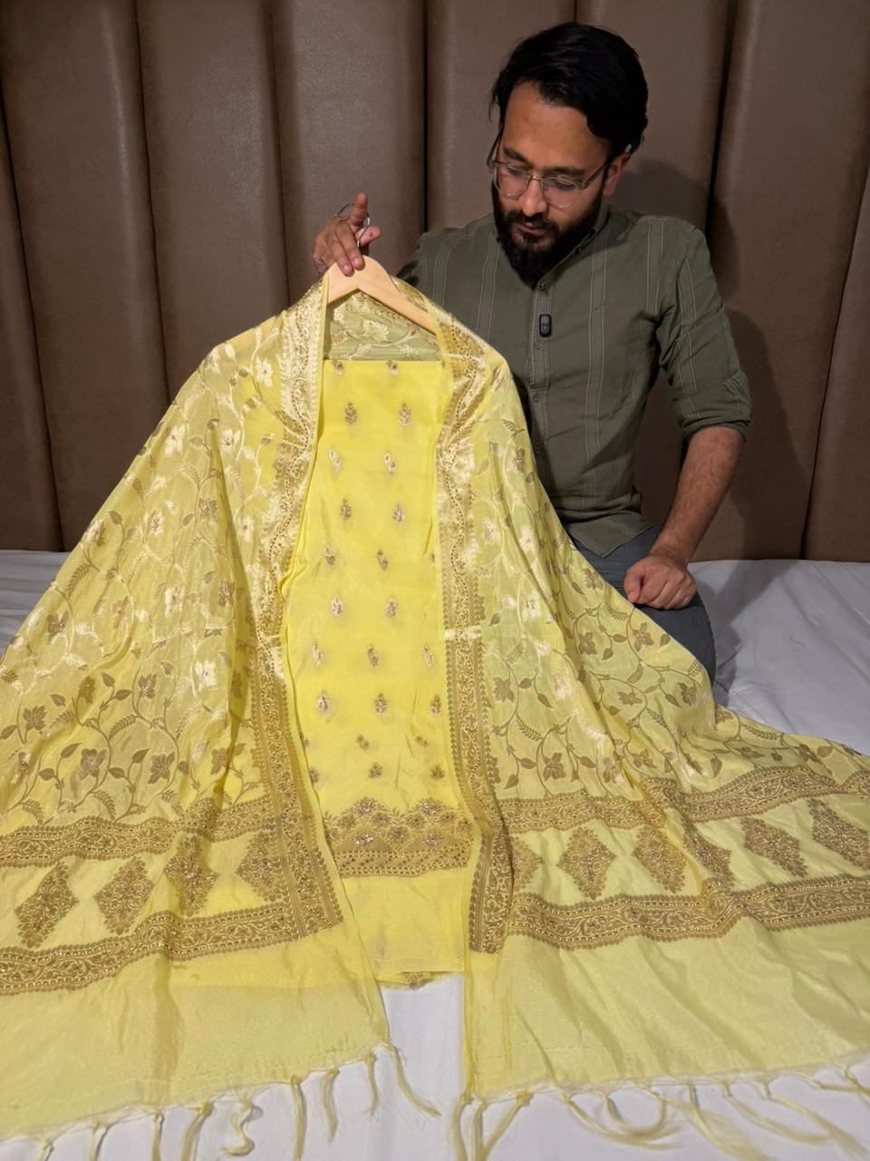 Pista Green Chinia Silk Premium Handwork Suit