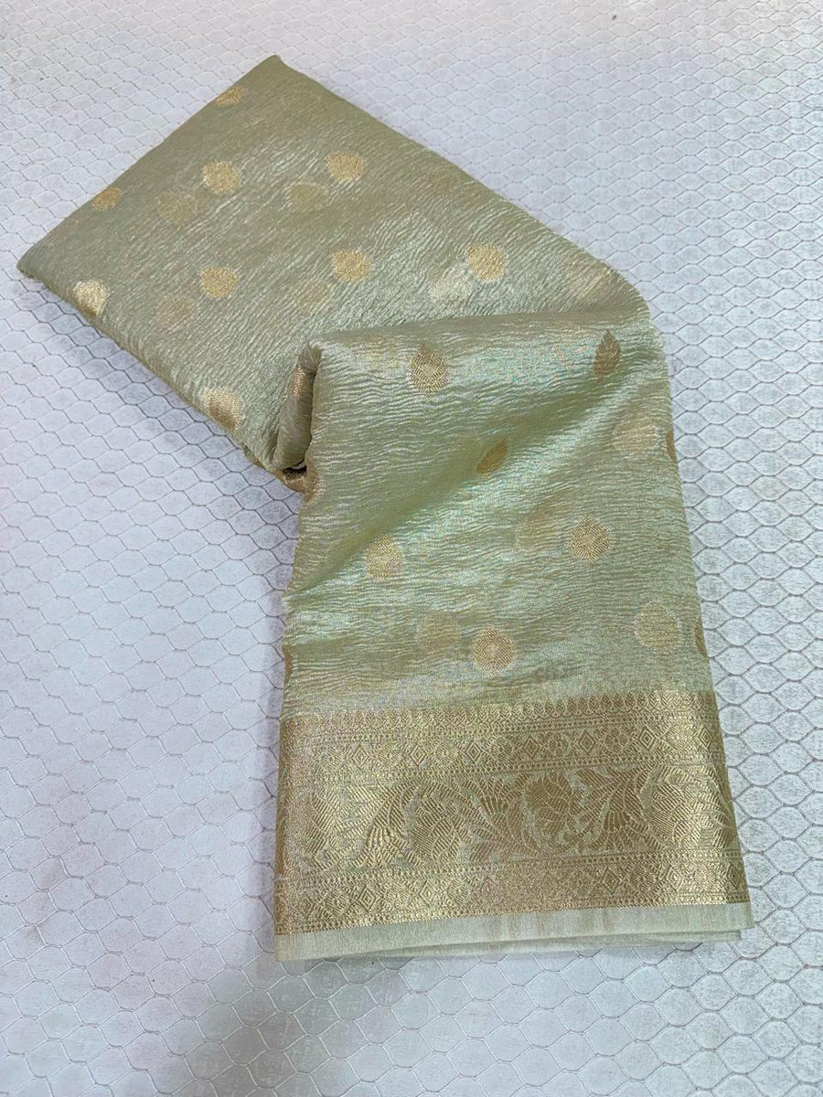 Pista Ivory Crush Tissue Silk Khaddi Buti Banarasi Saree