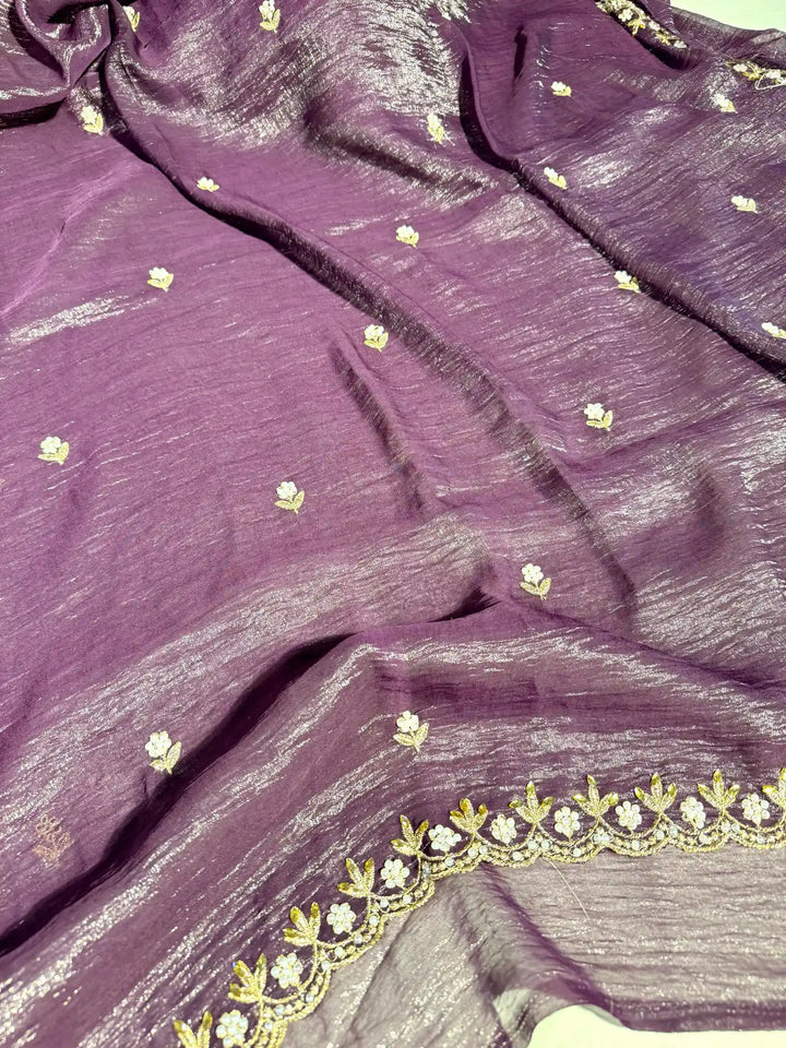 Plum-Purple Embroidery And Beads Work Soft Silk Saree 