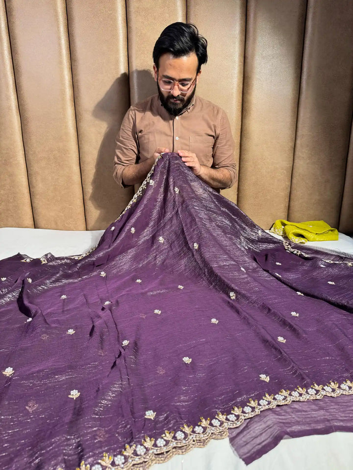 Plum-Purple Embroidery And Beads Work Soft Silk Saree 