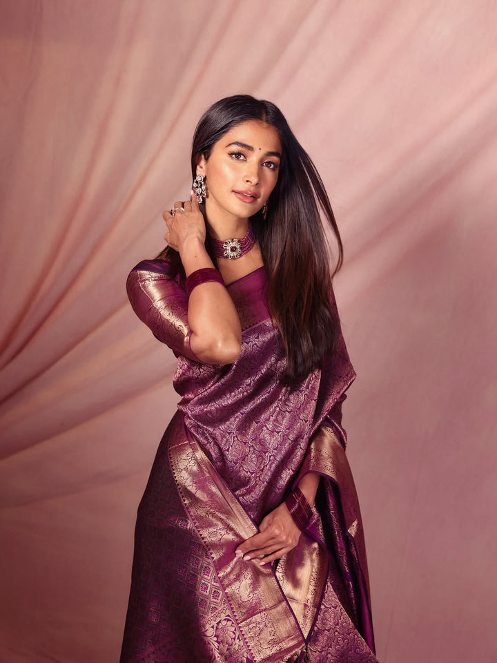 Pooja Hegde inspired kanjivaram tissue silk saree with rich pallu and blouse 