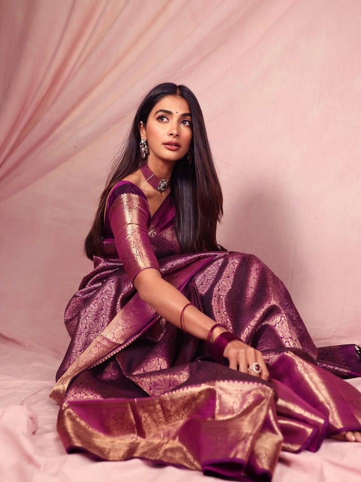 Pooja Hegde inspired kanjivaram tissue silk saree with rich pallu and blouse 