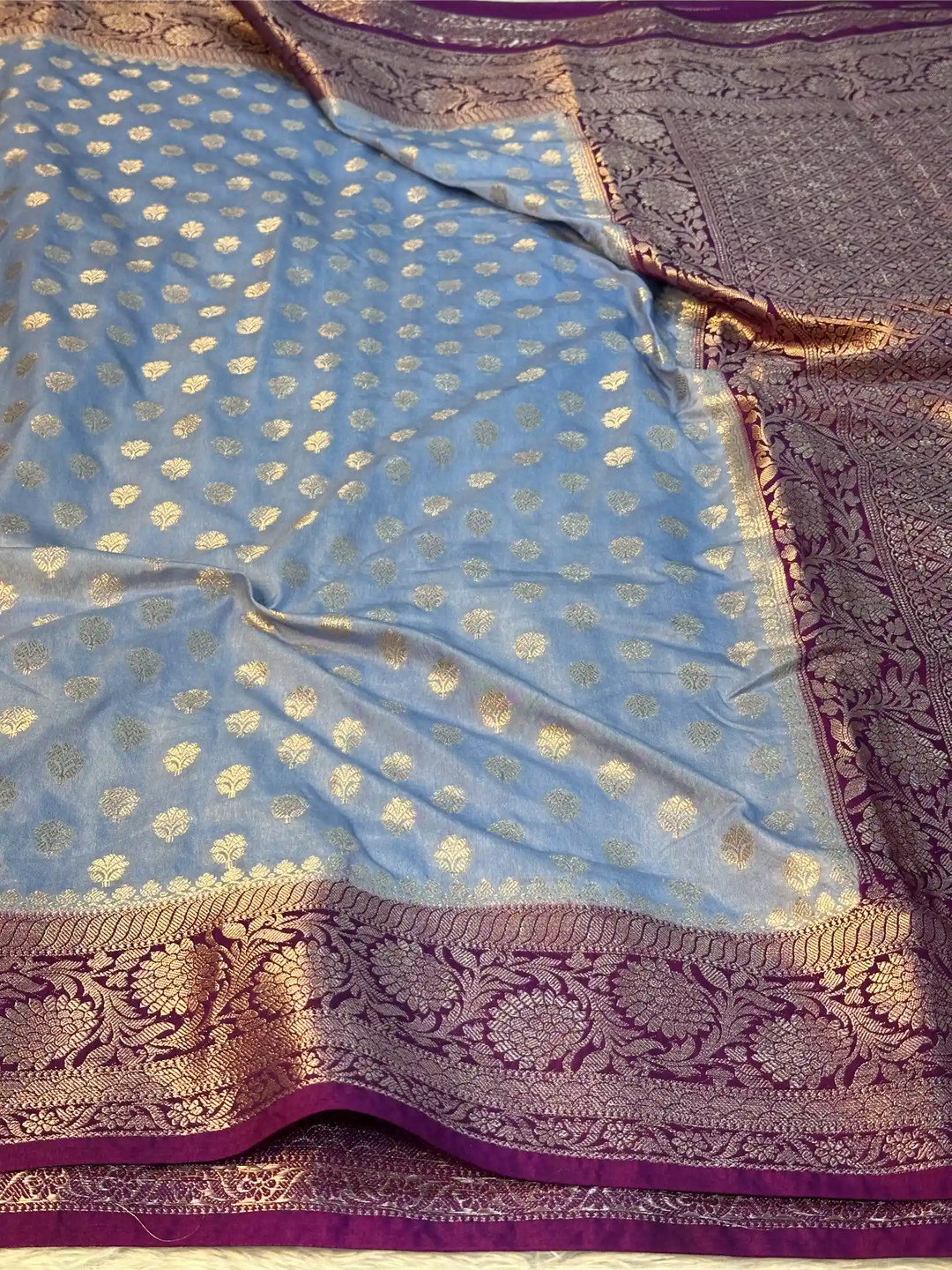 Powder Blue Chiniya Silk Khaddi Buti Banarasi Saree