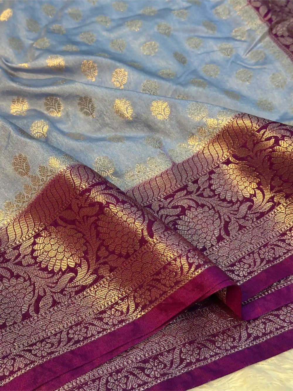 Powder Blue Chiniya Silk Khaddi Buti Banarasi Saree