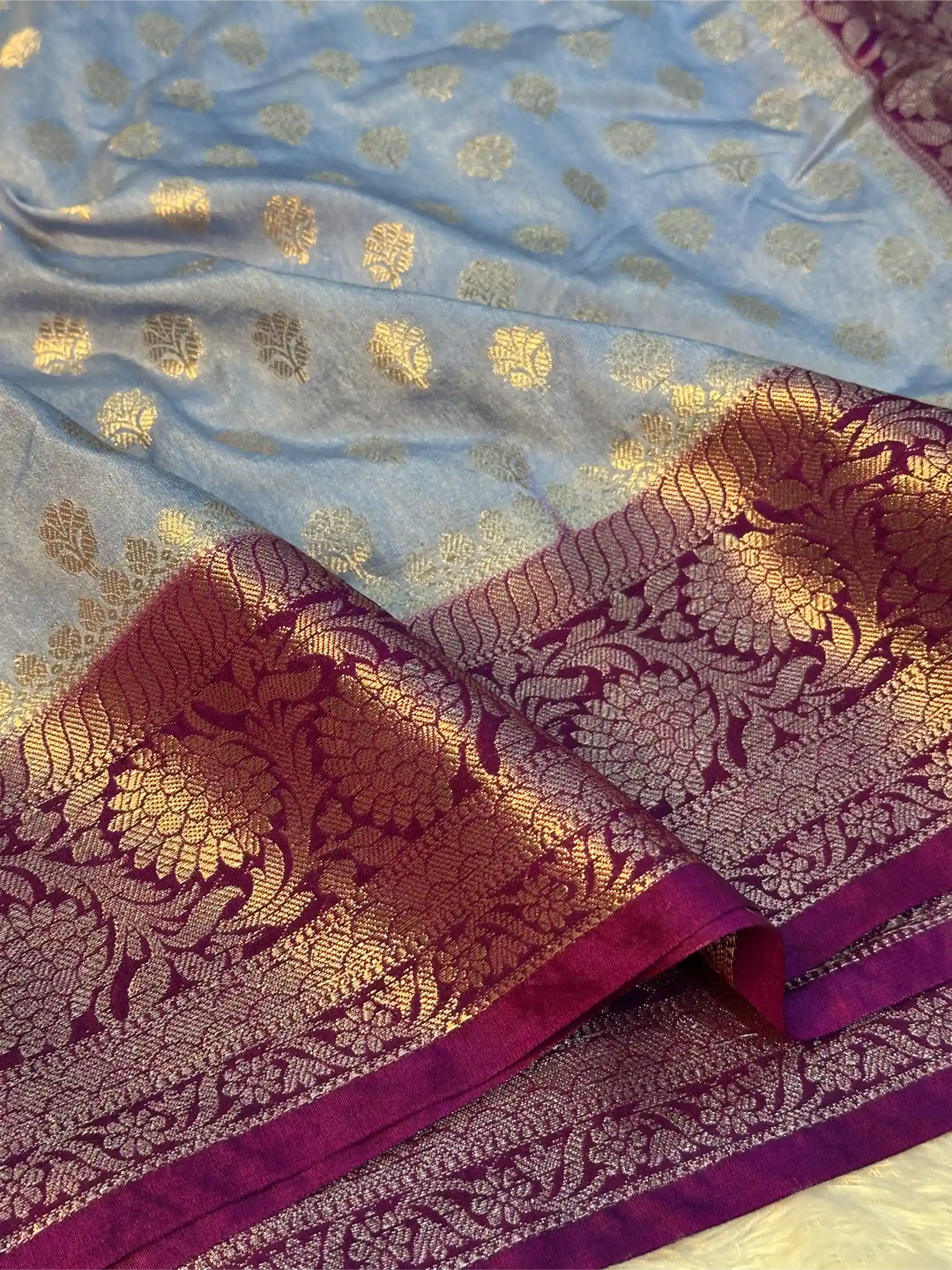 Powder Blue Chiniya Silk Khaddi Buti Banarasi Saree