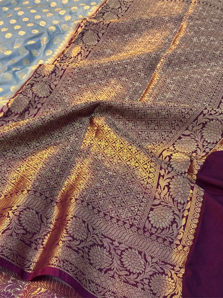 Powder Blue Chiniya Silk Khaddi Buti Banarasi Saree