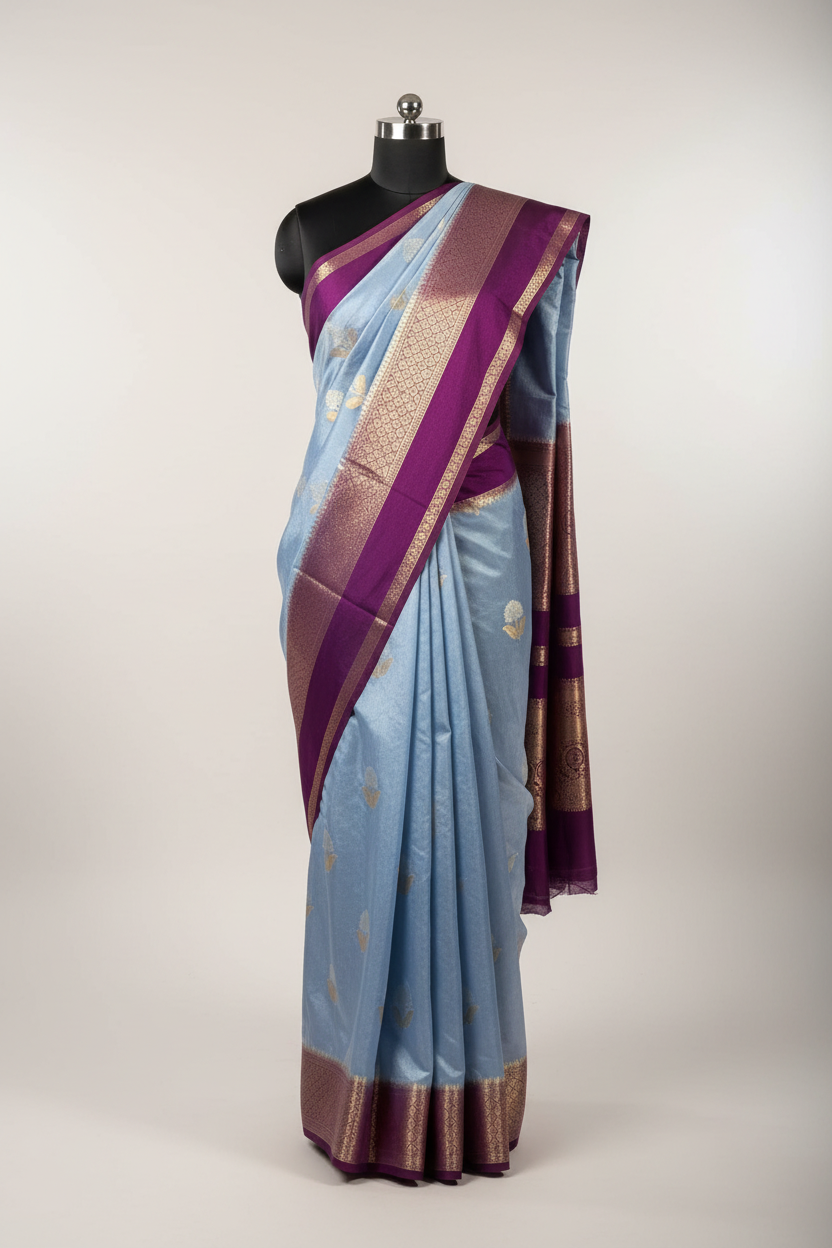 Powder Blue Eccentric Chiniya Silk Traditional Banarasi Saree